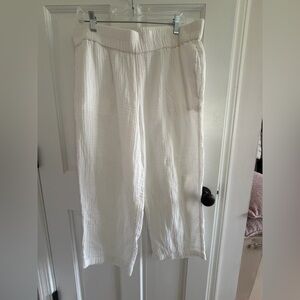 EILEEN FISHER Pants L Organic Cotton Crinkle Gauze Cropped Pull On White